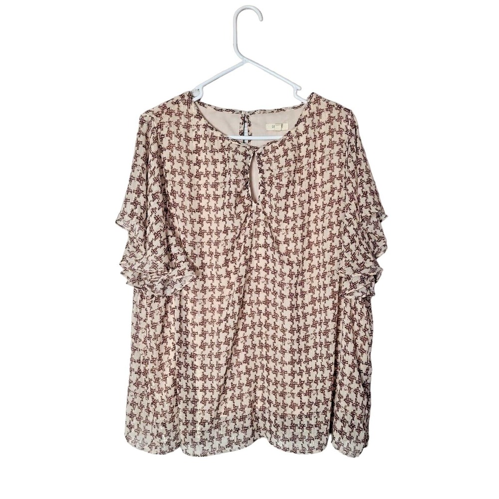 Como Blue Beige Burgundy Printed Flutter Sleeve Boho Top Womans Plus Size 2X